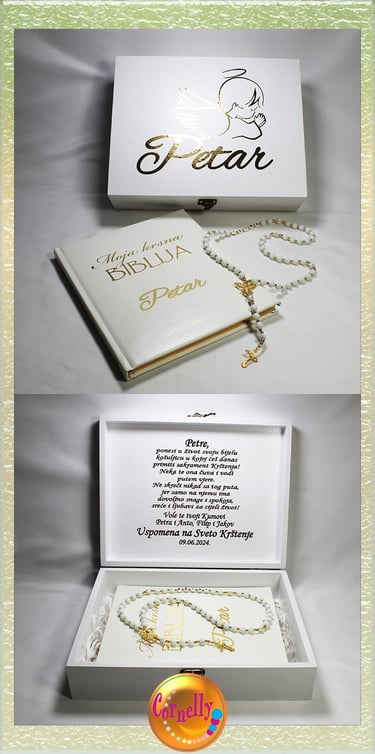 Personalizirana kutija za krštenje s Biblijom i krunicom