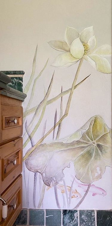Bathroom mural with white lotus flower and seedpod with koi fish taking refuge amongst the flora.
