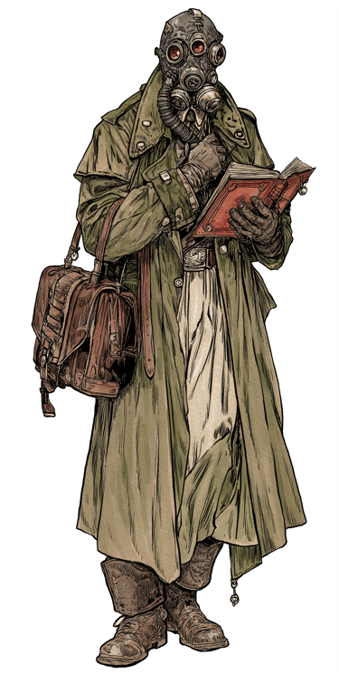 A human figure in a green cloak coat wearing a gas mask and reading a book