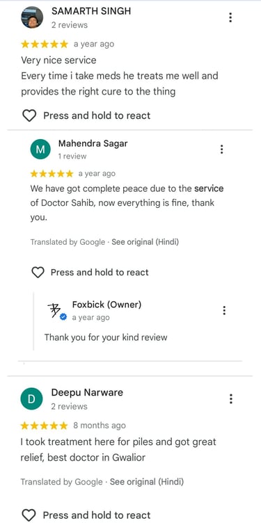 Google reviews – patients share recovery experience with Pilobick ointment