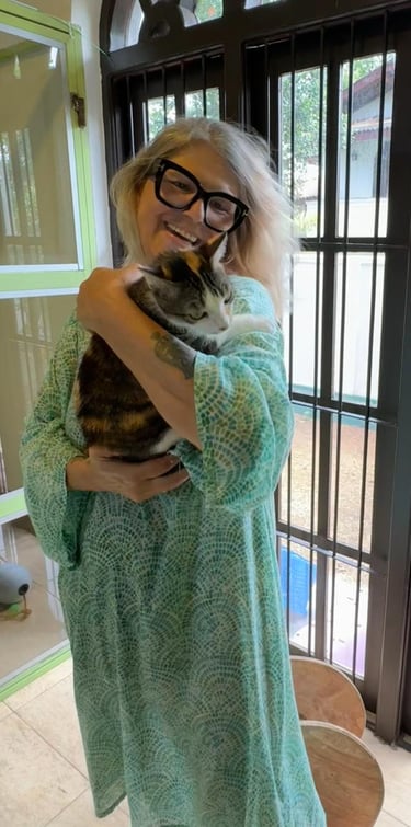 Lisa, founder of The Cat Residence Colombo, holding one of her resident cats with love and care.