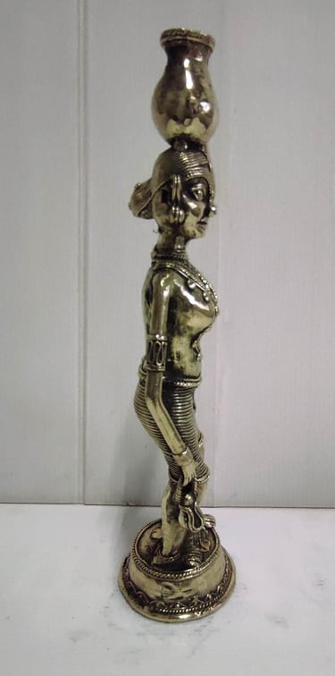 "Traditional brass tribal woman with pot–right side view-for export markets"