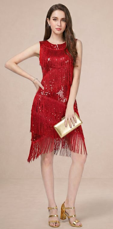 rto de lentejuelas rojo vibrante con flecos asimétricos para mujer
