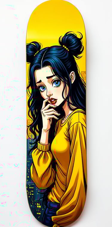 Custom skateboard deck featuring pop art illustration of an anime girl with blue hair on yellow background.