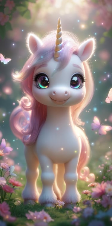Cute unicorn with pink mane surrounded by butterflies