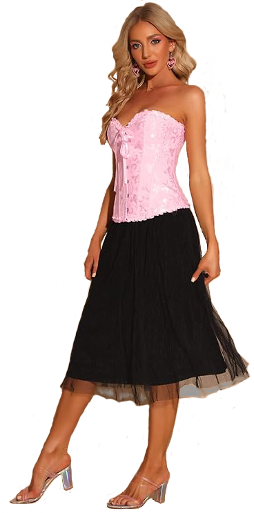 femme debout avec jupe noire et corset rose