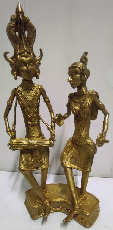 "Gold-painted brass sculpture of tribal men and women dancing with musical instruments–Bastar art-for international trade"