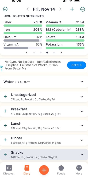 Cronometer app daily nutrition log showing tracked protein, calcium, and water intake