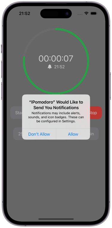 IPomodoro timer prompt view portrait, Asking user permission