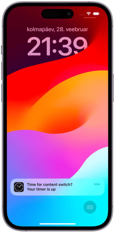 IPomodoro timer finished view portrait, bottom notification