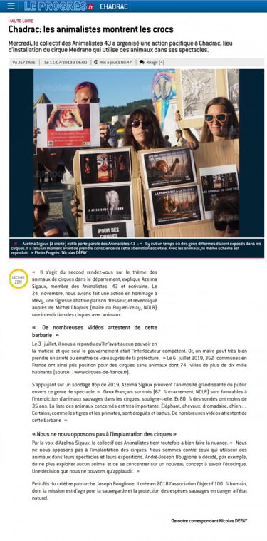 article la tribune le progrès chadrac cirque animalistes 43 azelma sigaux