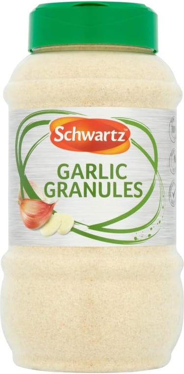Schwartz Garlic Granules in a large plastic jar with a green lid for seasoning and cooking.