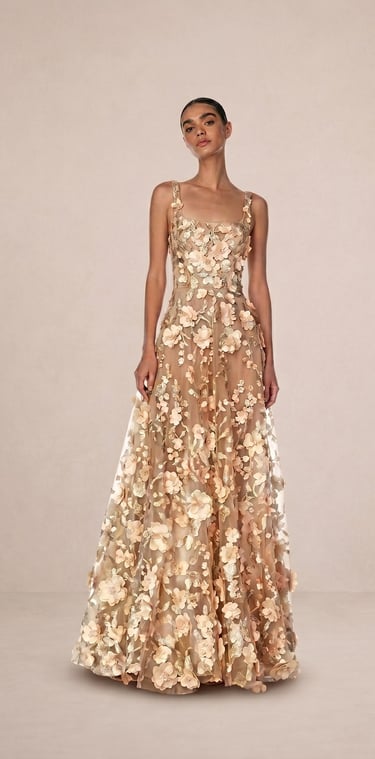 vestido de gala largo con apliques de flores 3d color champan dorado para mujer