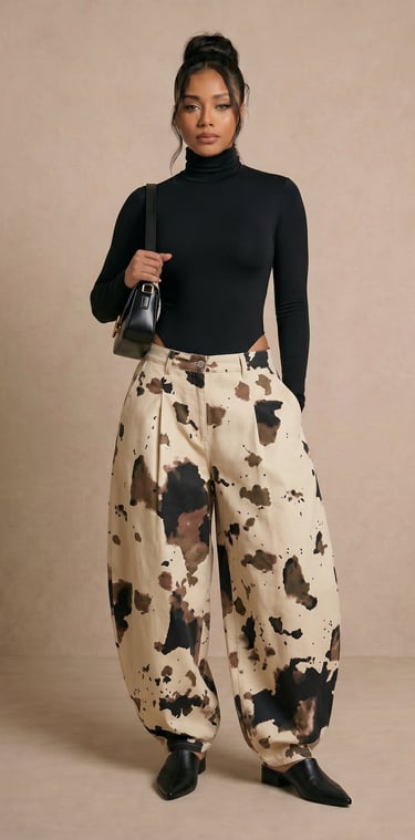 pantalon barril de tiro alto con estampado de vaca marron y negro para mujer