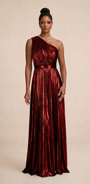 vestido asimetrico con el color rojo metalico para damas