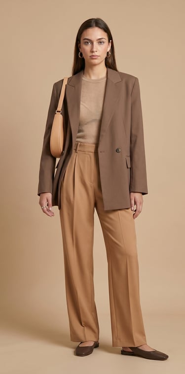 blazer sastrero cruzado de silueta oversize con botones oscuros y bolsillos con solapa color marron 