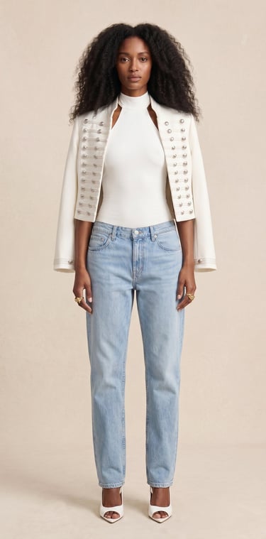 chaqueta militar napoleonica con botones plateados y cuello alto color blanco para mujer
