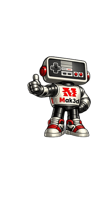 Retro gaming robot mascot with a classic controller head giving a thumbs up on a black background.