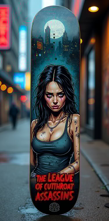 Custom skateboard deck featuring a gritty assassin girl graphic and city skyline art in a dark alley.