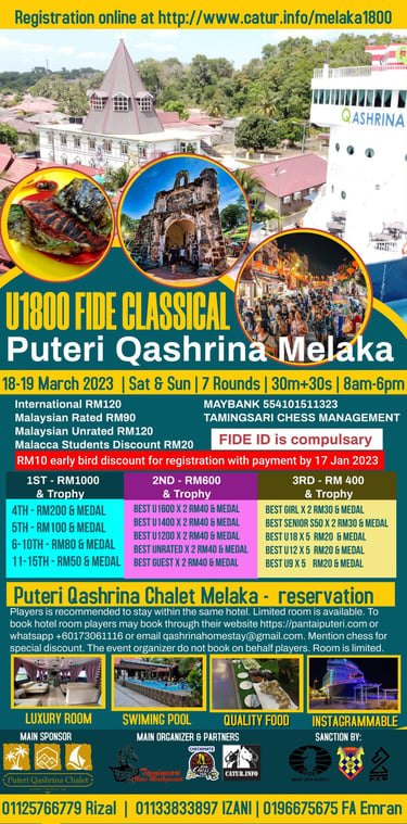 Puteri Qashrina Melaka U1800 FIDE Classical. Malaysia Chess. Catur Malaysia. 