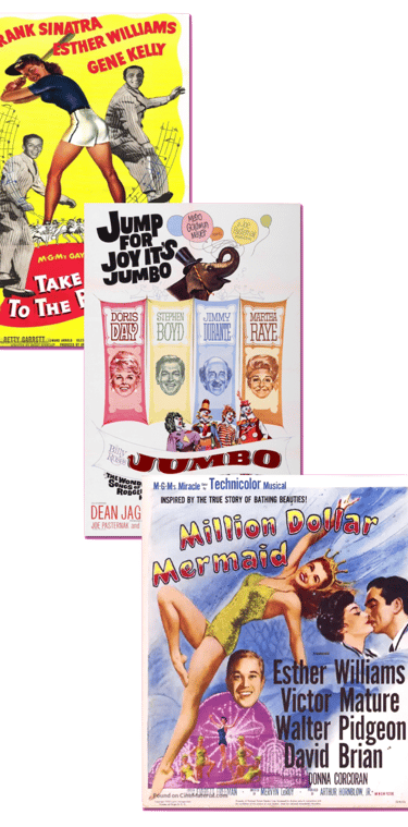 Movie poster collection for Take Me Out to the Ball Game, Jumbo, and Million Dollar Mermaid, with Me