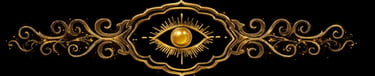 Ornate golden page divider on black, featuring a central eye emblem with a glowing golden iris and delicate filigree