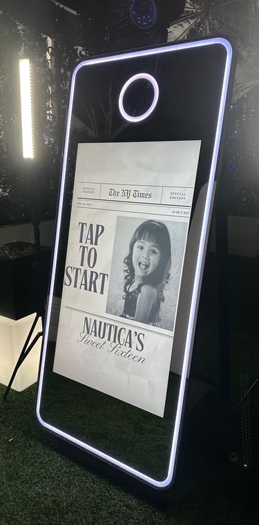Girl displayed with a tap to start screen at a Sweet 16 Birthday Mirror Photo Booth.