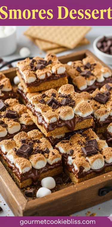 This pin shows a wooden tray laden with perfectly cut s'mores bars, each one topped with abundant c