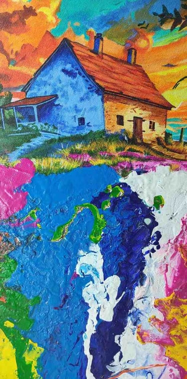 "Colorful round wall art showing nature, birds in sky, and peaceful home-Export-ready"