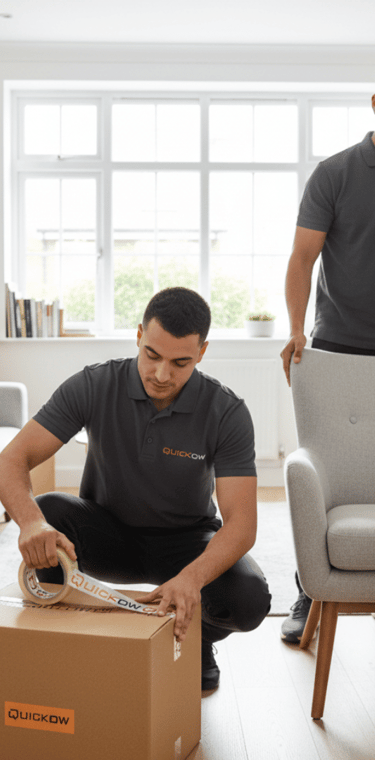 Quickow home removal team packing boxes in a UK living room.