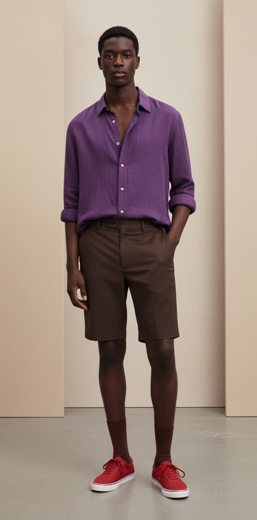 "Camisa lino hombre morada textura arrugada corte holgado moda relajada verano 2026"