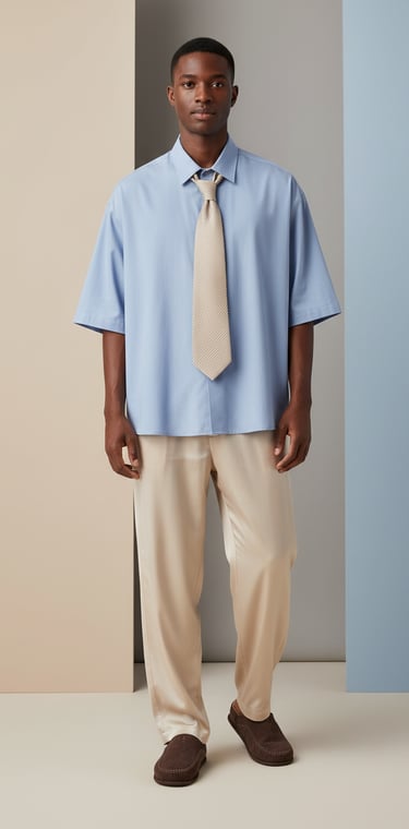 Camisa azul cielo de corte boxy para hombre con cuello mao y manga corta estilo lujo relajado"