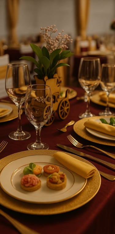 Detalle de mesa elegante con platos dorados, copas de cristal y mini canapés en Magic Party, Quito
