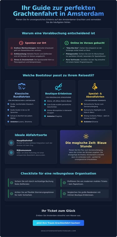 Infografik Guide für Amsterdam Grachtenfahrten mit Tipps zur Buchung, Bootstouren-Vergleich und Abfahrtsorten.