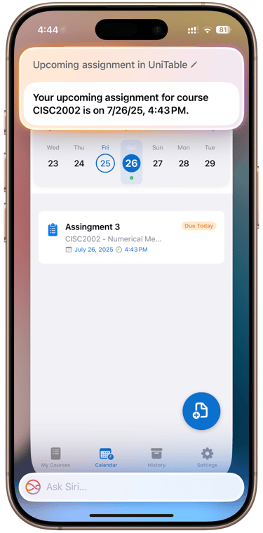 check upcoming assignment with siri