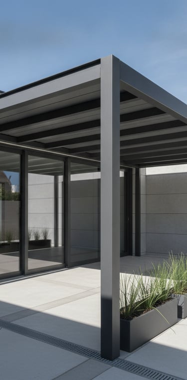 Pérgola metálica con cubierta de panel sándwich en terraza, Murcia
