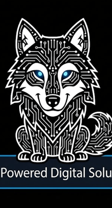 RELISYNC Logo. Illustration of a sitting wolf with glowing blue eyes made of white circuit-like line
