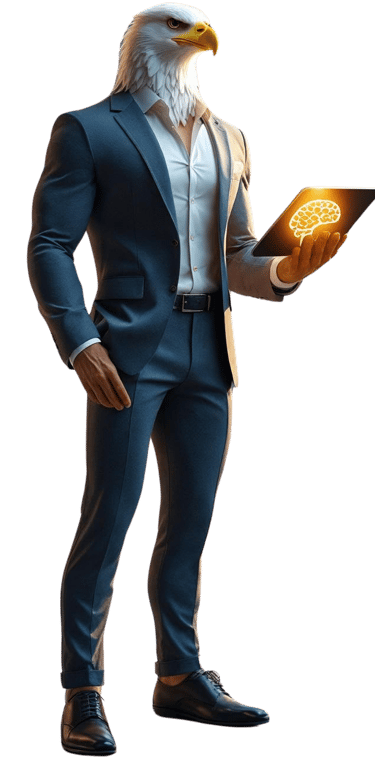 a humanoid bald eagle digital marketing specialist for local businesses in a suit and a laptop