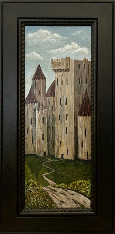 Pathway to the Castle, 2024, Acrylic on wood cabinet door, 21 x 10 inches  $245