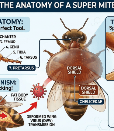 Detailed infographic of Varroa destructor anatomy, showing leg segments (coxa to tarsus), the aroliu