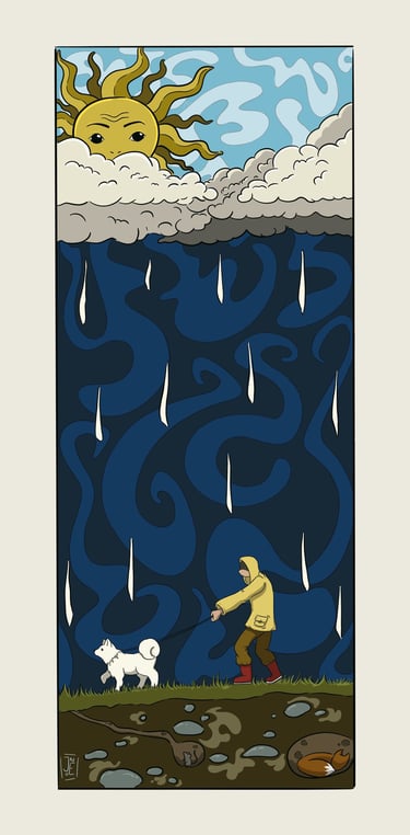 À man walking is dog in the rain with the Sky looking at them from above the clouds