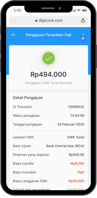 Tampilan aplikasi Flexpay ketika penarikan gaji berhasil