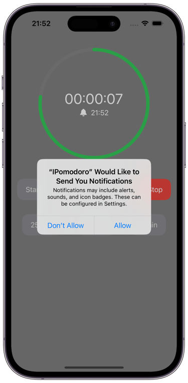 IPomodoro timer prompt view portrait, Asking user permission