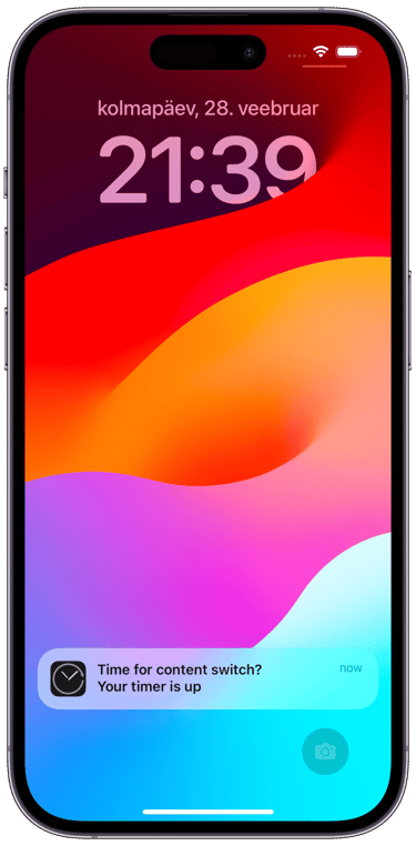 IPomodoro timer finished view portrait, bottom notification