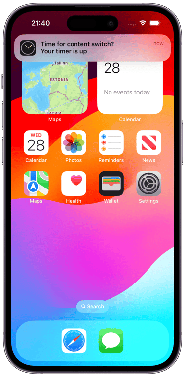 IPomodoro timer finished view portrait, top notification