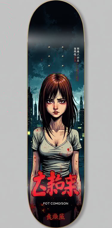 Custom anime skateboard deck featuring a dark-haired girl with red eyes and a city skyline background.