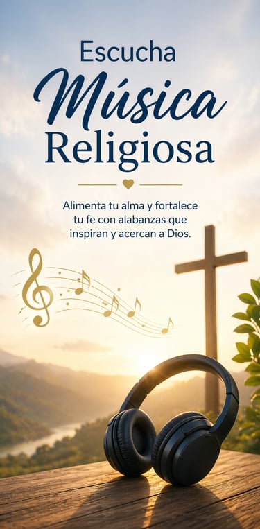 Black headphones on a wooden table with a cross and sunset background promoting religious music and worship.