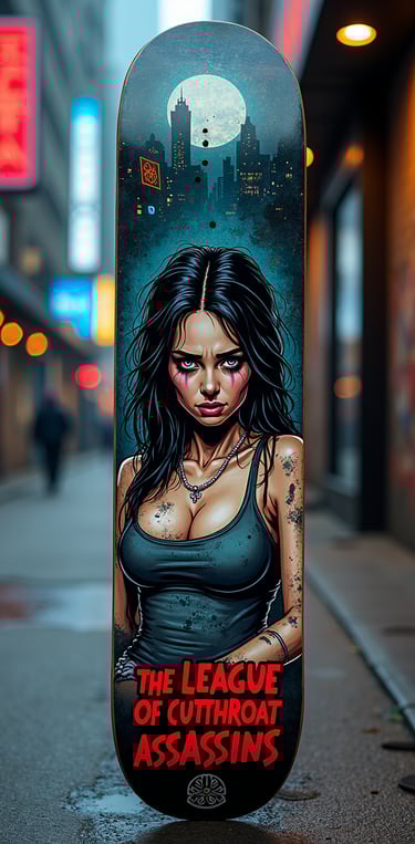 Custom skateboard deck featuring a gritty assassin girl graphic and city skyline art in a dark alley.
