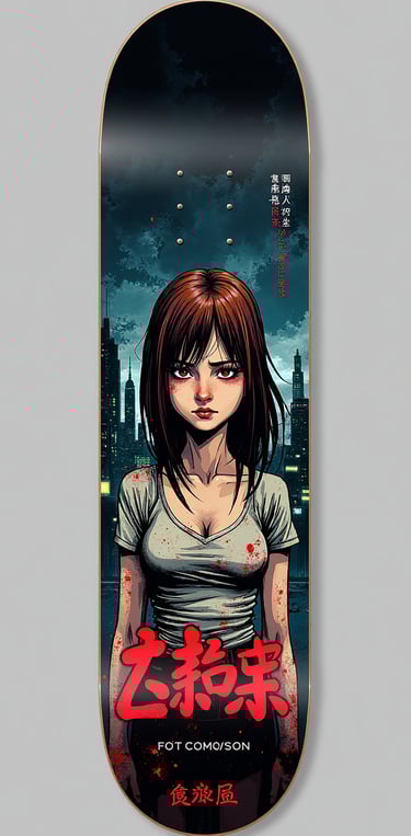 Custom anime skateboard deck featuring a dark-haired girl with red eyes and a city skyline background.