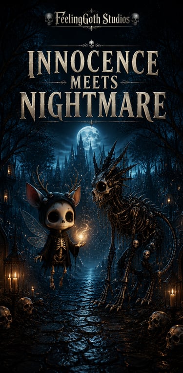Gothic fantasy poster featuring a cute skull fairy and skeletal monster in a dark moonlit forest.